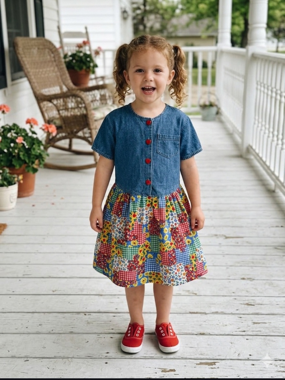 Colors & Co 
Vintage 1970-80s Sz 6 denim short-sleeve patchwork dress